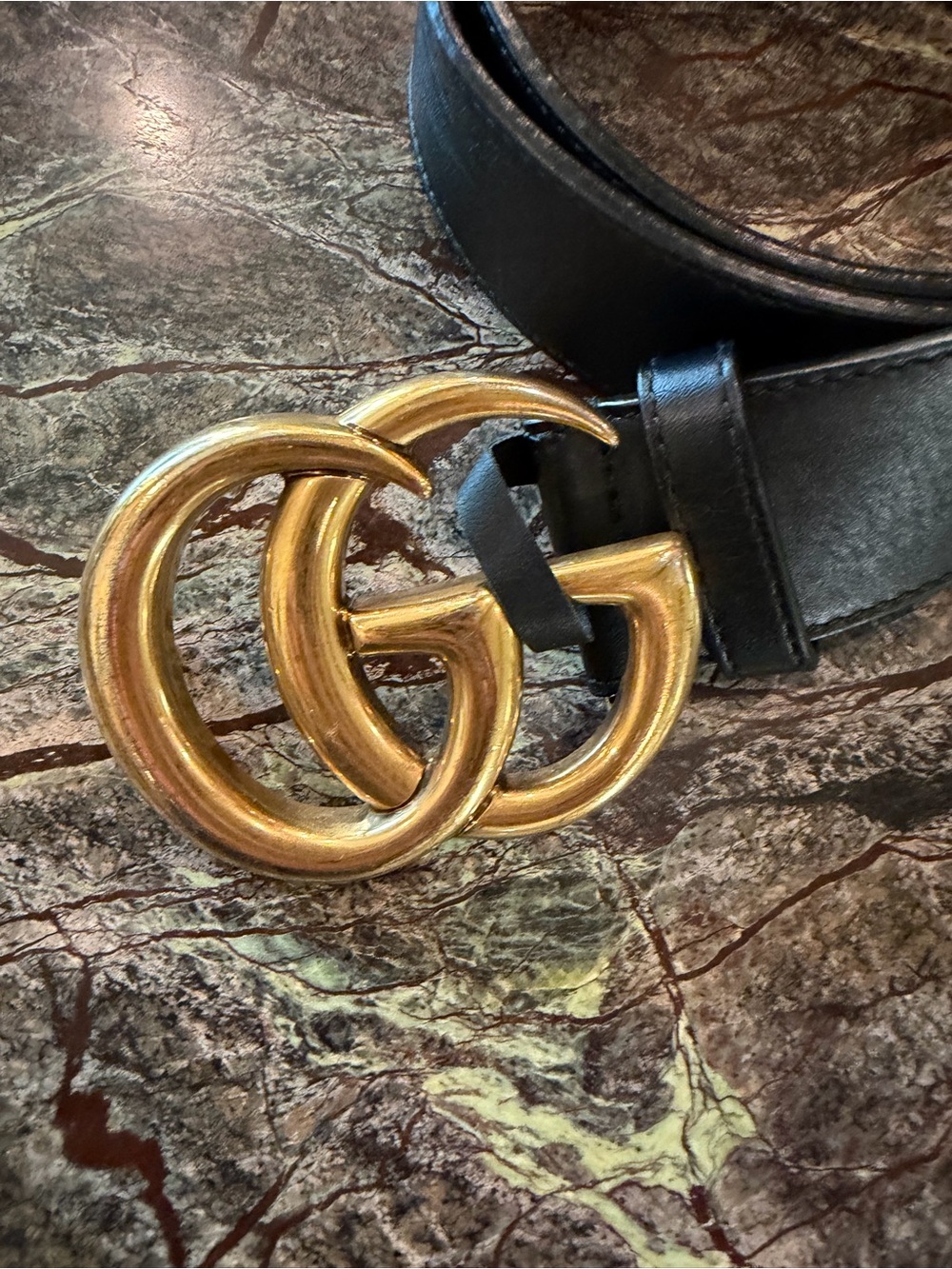 Black Leather Belt with Gold Double-G Buckle